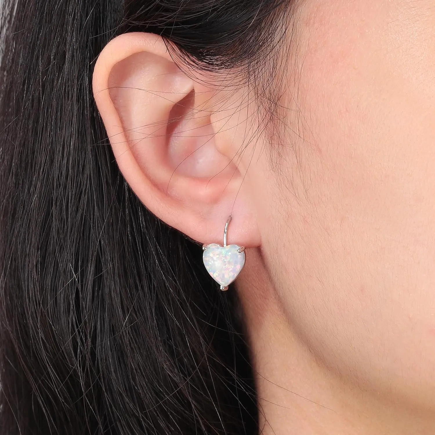 CiNily Heart Opal Earrings Short Leverback Drop Earrings for Women Hypoallergenic, Pendant Earrings 14K White Gold / Rose Gold Plated Hanging Lever Earrings Opal Hoops Fashion Jewelry Gifts for Sensitive Ears