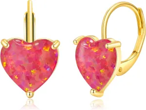 CiNily Heart Opal Earrings Short Leverback Drop Earrings for Women Hypoallergenic, Pendant Earrings 14K White Gold / Rose Gold Plated Hanging Lever Earrings Opal Hoops Fashion Jewelry Gifts for Sensitive Ears