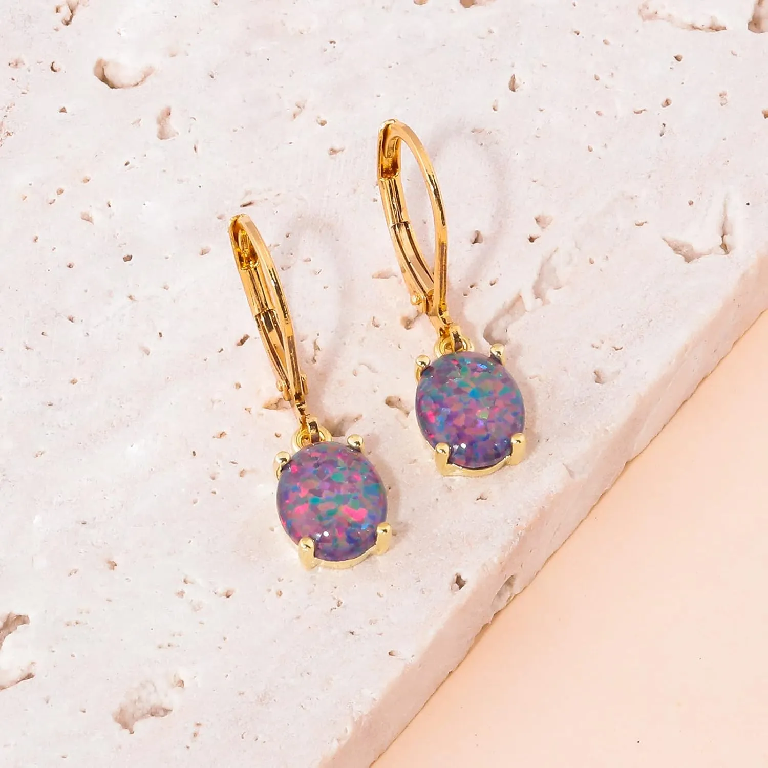 CiNily Oval Cut Opal Dangle Earrings for Women 14K Gold Plated Fire Opal Rhodium Plated Leverback Gemstone Drop Earrings Jewelry Mothers Day Gift for Her
