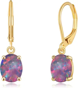 CiNily Oval Cut Opal Dangle Earrings for Women 14K Gold Plated Fire Opal Rhodium Plated Leverback Gemstone Drop Earrings Jewelry Mothers Day Gift for Her