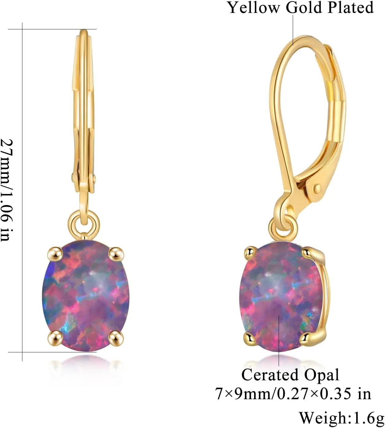CiNily Oval Cut Opal Dangle Earrings for Women 14K Gold Plated Fire Opal Rhodium Plated Leverback Gemstone Drop Earrings Jewelry Mothers Day Gift for Her