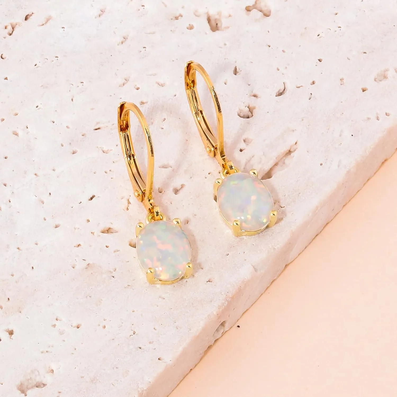 CiNily Oval Cut Opal Dangle Earrings for Women 14K Gold Plated Fire Opal Rhodium Plated Leverback Gemstone Drop Earrings Jewelry Mothers Day Gift for Her