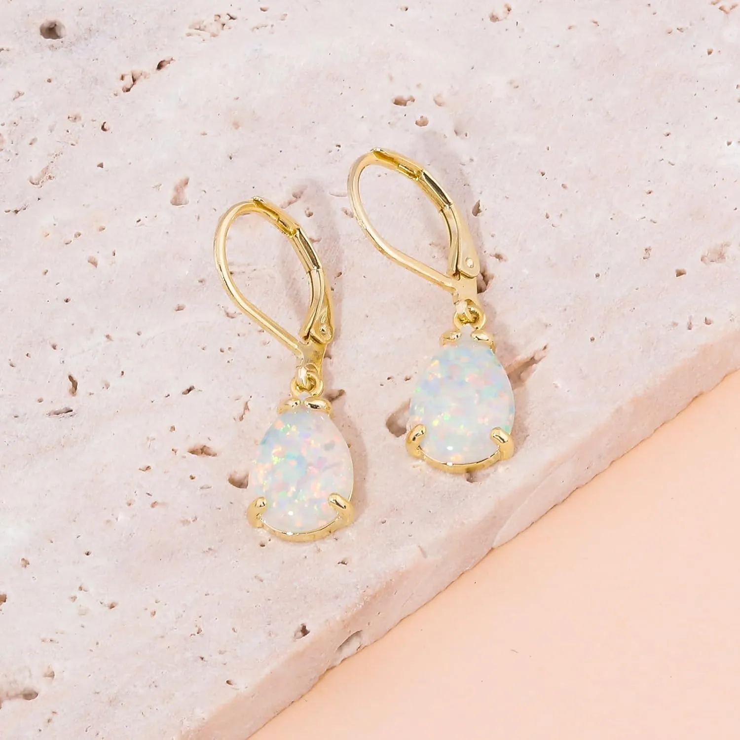 CiNily Teardrop Leverback Dangle Earrings for Women Hypoallergenic Created Fire Opal Pendant Drop Earrings 14K White/Rose/Gold Hanging Lever Earrings Fashion Graduation Party Jewelry Gifts