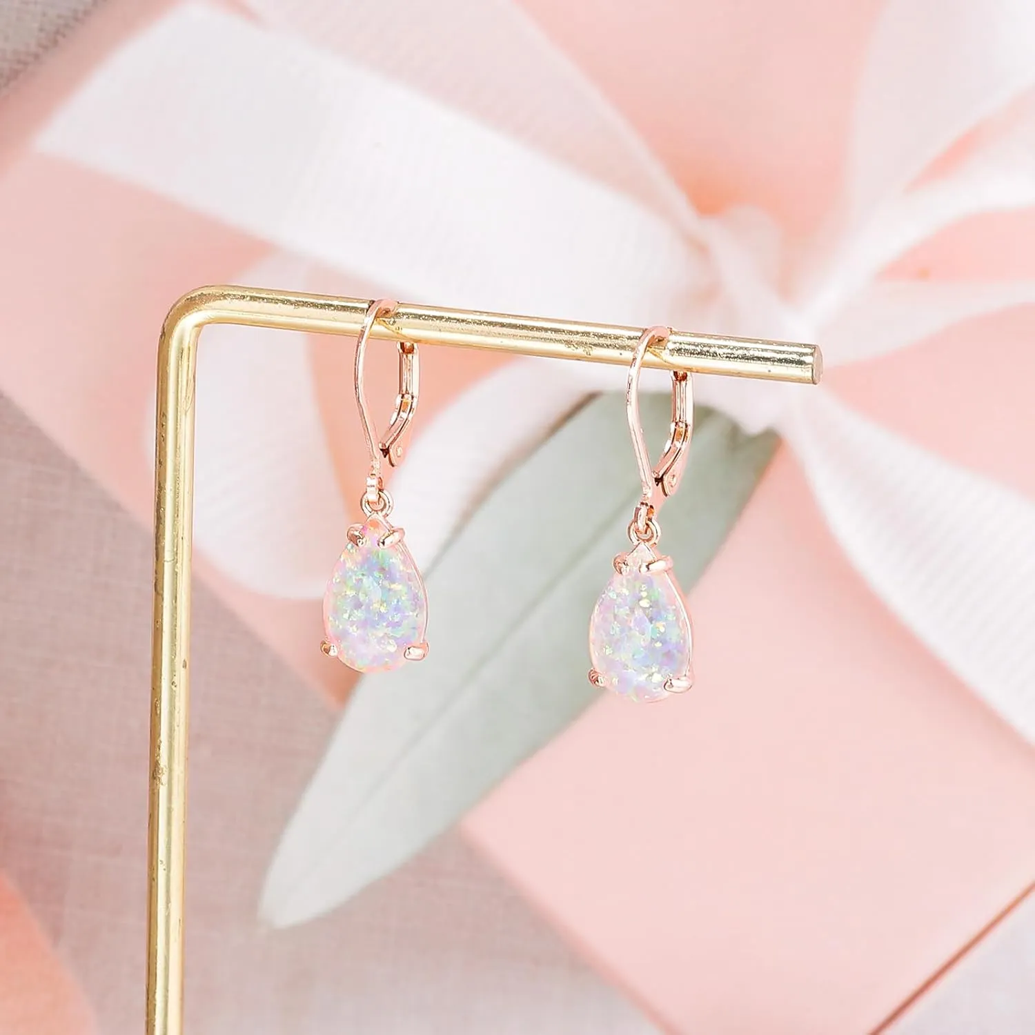 CiNily Teardrop Leverback Dangle Earrings for Women Hypoallergenic Created Fire Opal Pendant Drop Earrings 14K White/Rose/Gold Hanging Lever Earrings Fashion Graduation Party Jewelry Gifts