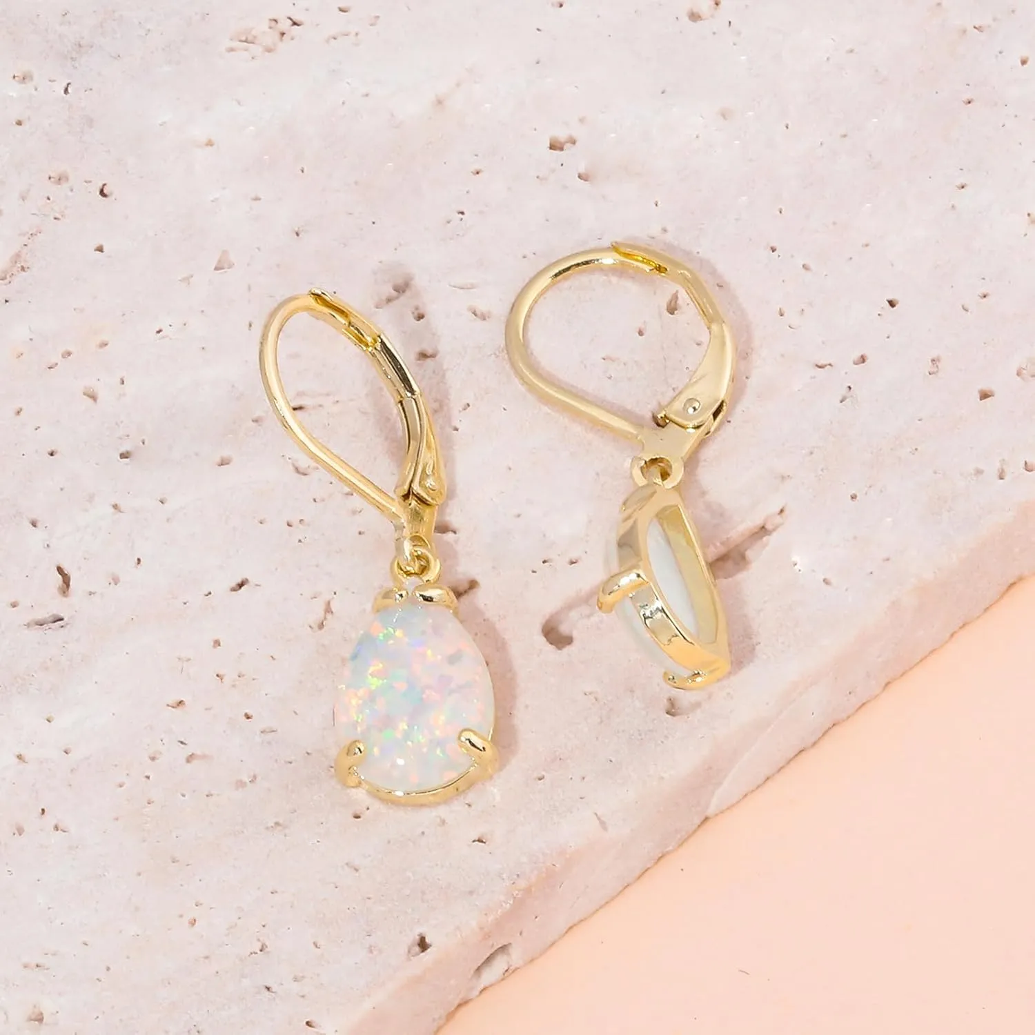 CiNily Teardrop Leverback Dangle Earrings for Women Hypoallergenic Created Fire Opal Pendant Drop Earrings 14K White/Rose/Gold Hanging Lever Earrings Fashion Graduation Party Jewelry Gifts