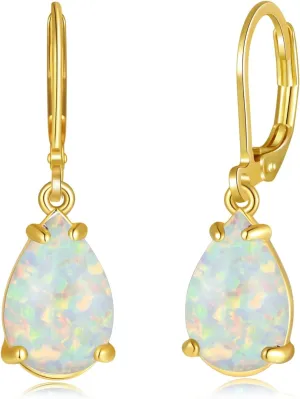CiNily Teardrop Leverback Dangle Earrings for Women Hypoallergenic Created Fire Opal Pendant Drop Earrings 14K White/Rose/Gold Hanging Lever Earrings Fashion Graduation Party Jewelry Gifts