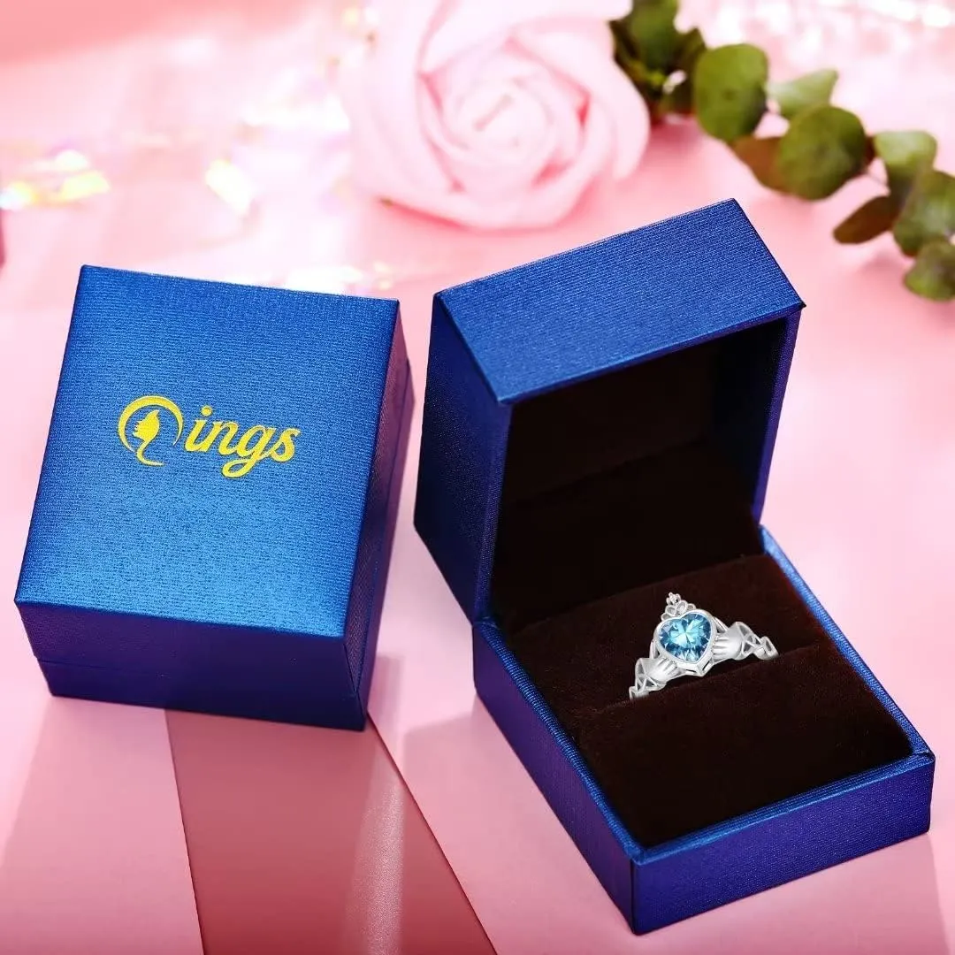 Claddagh Heart Shape Birthstone Rings - 925 Sterling Silver Adjustable Traditional Irish Wedding Ring Promise Eternity Bands, Personalized Jewelry for Women Girls (With Gift Box)
