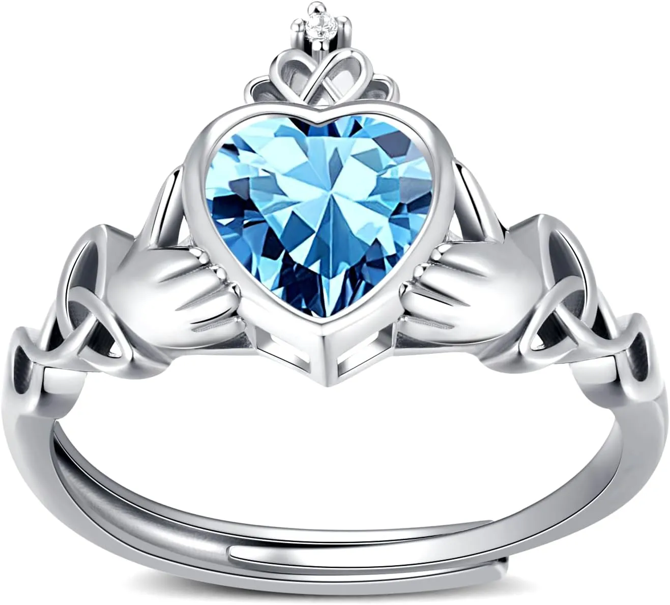 Claddagh Heart Shape Birthstone Rings - 925 Sterling Silver Adjustable Traditional Irish Wedding Ring Promise Eternity Bands, Personalized Jewelry for Women Girls (With Gift Box)