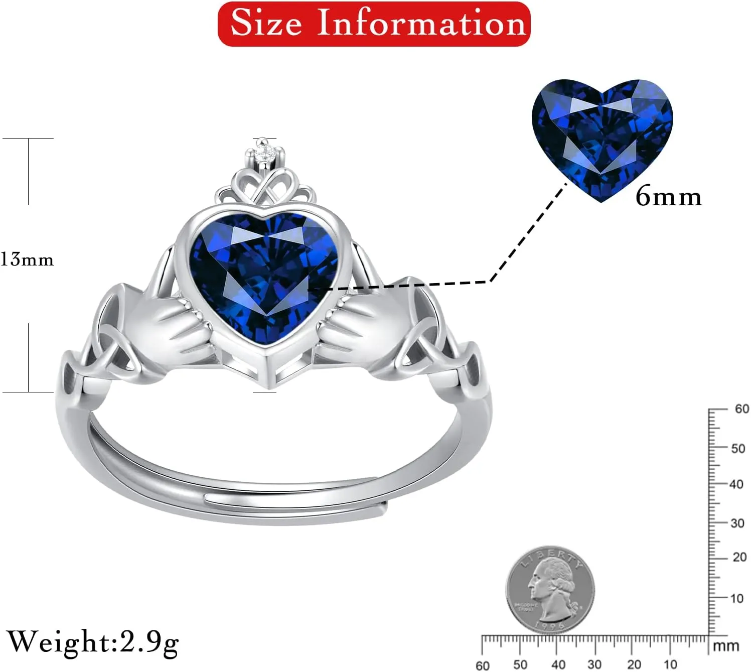 Claddagh Heart Shape Birthstone Rings - 925 Sterling Silver Adjustable Traditional Irish Wedding Ring Promise Eternity Bands, Personalized Jewelry for Women Girls (With Gift Box)