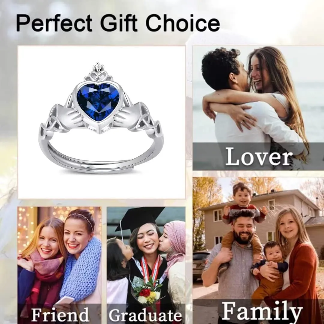 Claddagh Heart Shape Birthstone Rings - 925 Sterling Silver Adjustable Traditional Irish Wedding Ring Promise Eternity Bands, Personalized Jewelry for Women Girls (With Gift Box)