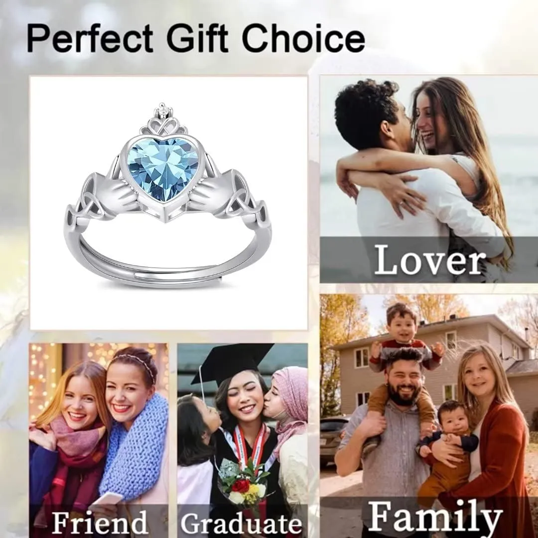 Claddagh Heart Shape Birthstone Rings - 925 Sterling Silver Adjustable Traditional Irish Wedding Ring Promise Eternity Bands, Personalized Jewelry for Women Girls (With Gift Box)