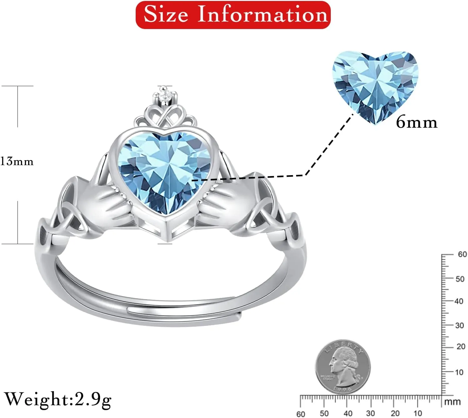 Claddagh Heart Shape Birthstone Rings - 925 Sterling Silver Adjustable Traditional Irish Wedding Ring Promise Eternity Bands, Personalized Jewelry for Women Girls (With Gift Box)