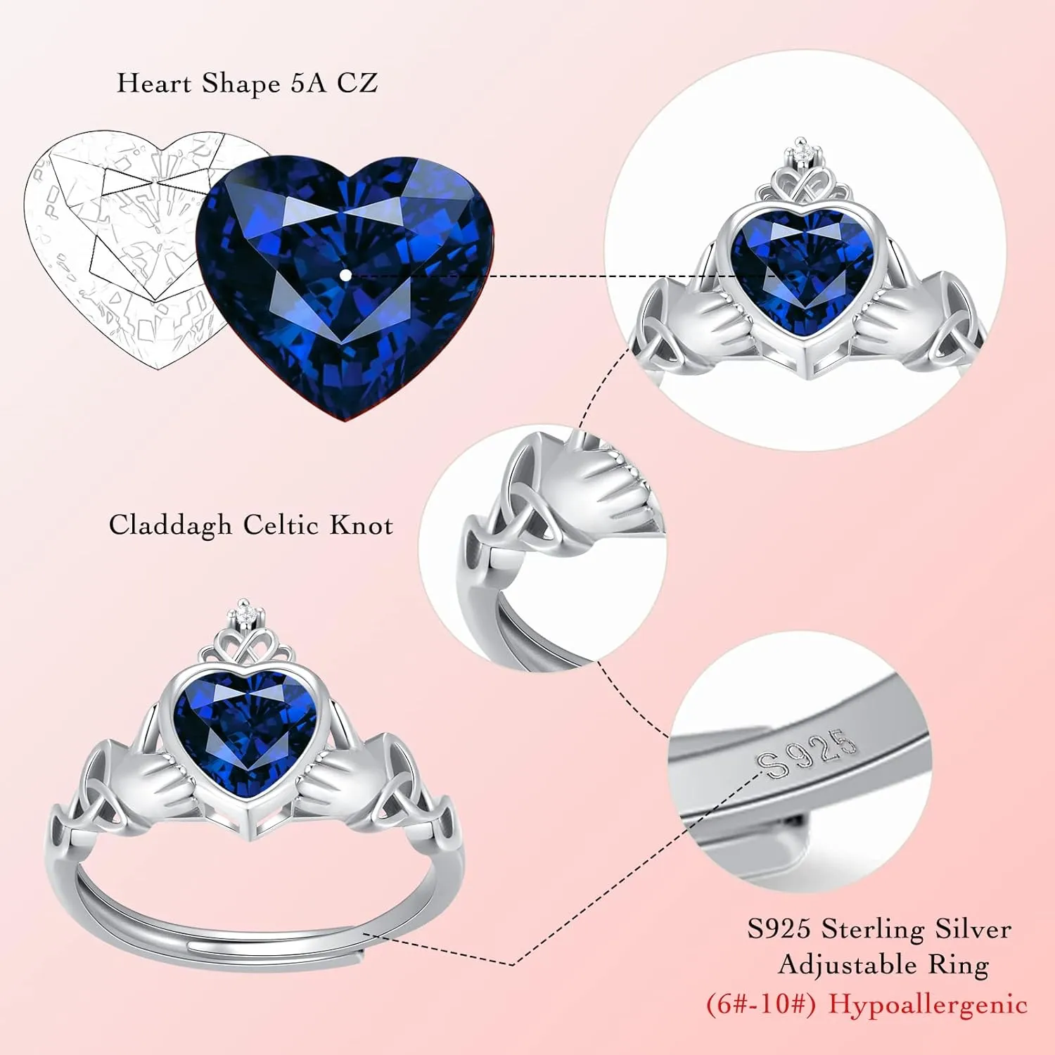 Claddagh Heart Shape Birthstone Rings - 925 Sterling Silver Adjustable Traditional Irish Wedding Ring Promise Eternity Bands, Personalized Jewelry for Women Girls (With Gift Box)