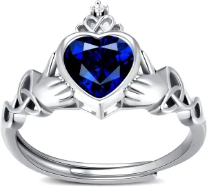 Claddagh Heart Shape Birthstone Rings - 925 Sterling Silver Adjustable Traditional Irish Wedding Ring Promise Eternity Bands, Personalized Jewelry for Women Girls (With Gift Box)