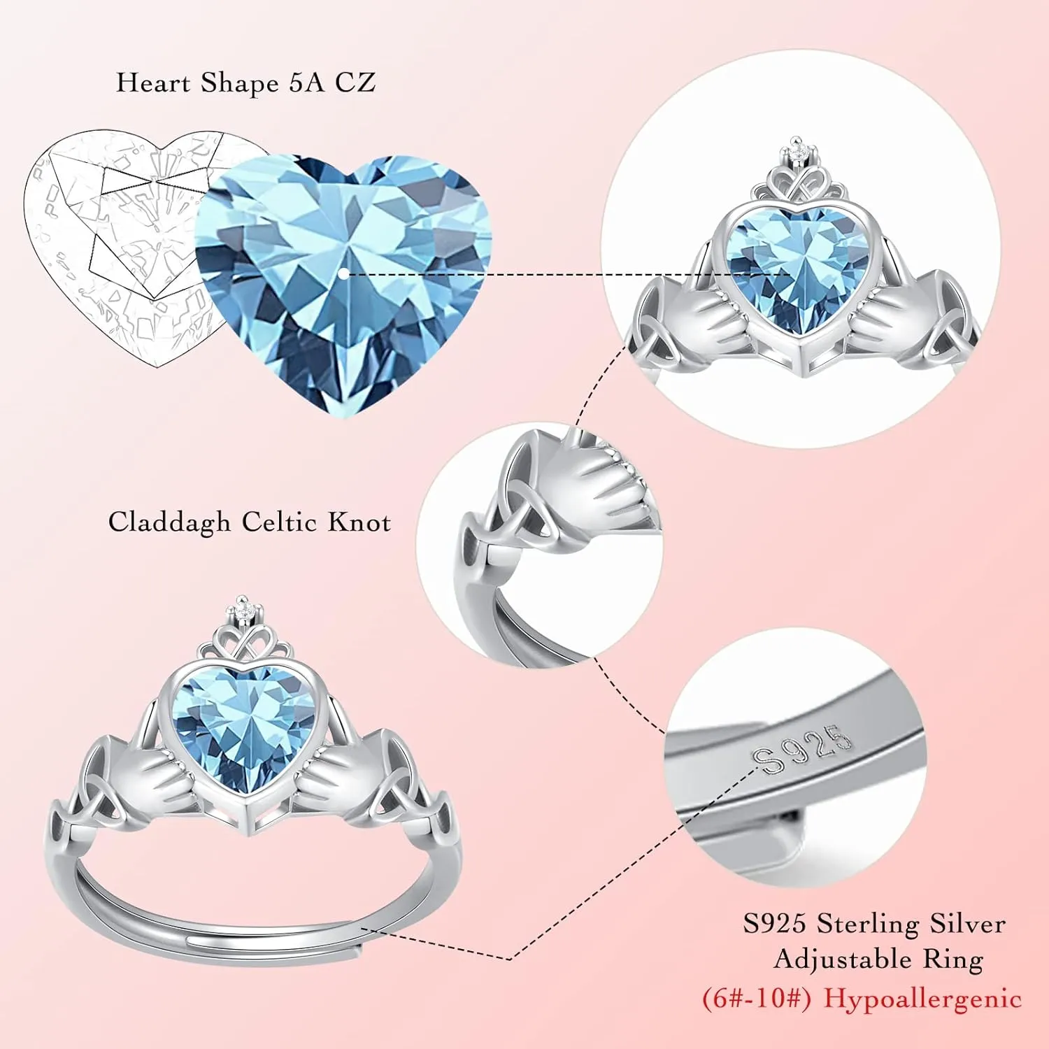 Claddagh Heart Shape Birthstone Rings - 925 Sterling Silver Adjustable Traditional Irish Wedding Ring Promise Eternity Bands, Personalized Jewelry for Women Girls (With Gift Box)