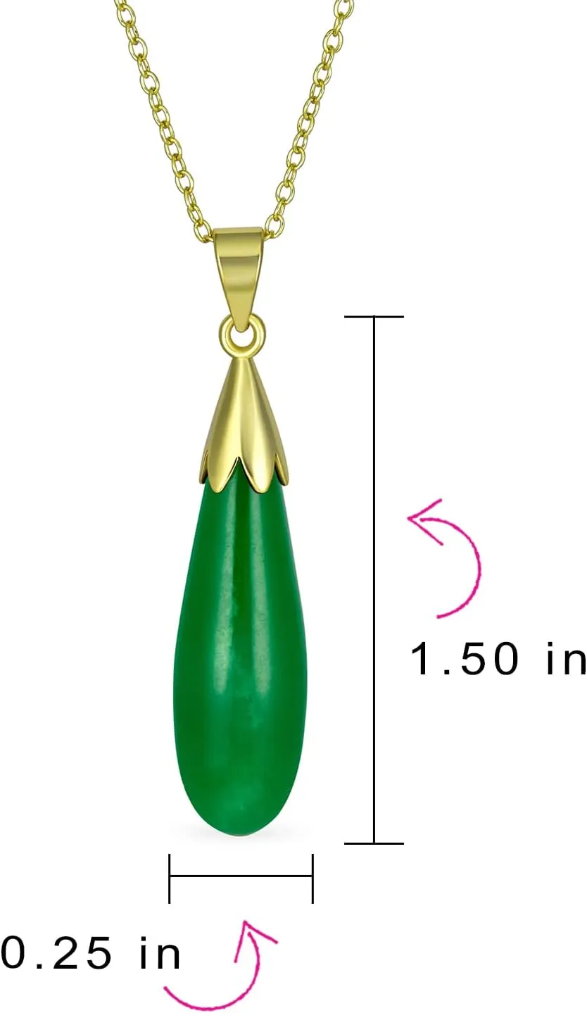 Classic Simplistic Semi Precious Black Blue Green Gemstone Turquoise Onyx Jade Elongated Teardrop Shaped Dangle Pendant Necklace Western Jewelry For Women 14KGold Plated.925 Sterling Silver