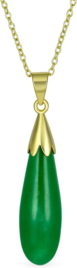 Classic Simplistic Semi Precious Black Blue Green Gemstone Turquoise Onyx Jade Elongated Teardrop Shaped Dangle Pendant Necklace Western Jewelry For Women 14KGold Plated.925 Sterling Silver