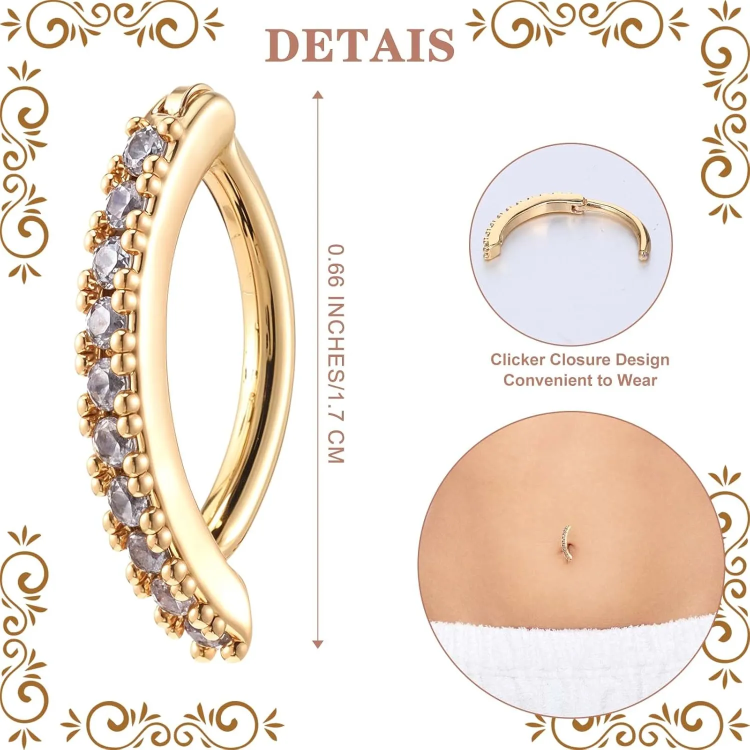 Clicker Belly Button Ring for Women, 4pcs Gold Belly Piercing with Diamond and Smooth Styles, Short Bar Simple Reverse Navel Rings, Floating Navel Piercing Body Jewelry - Gold & Silver