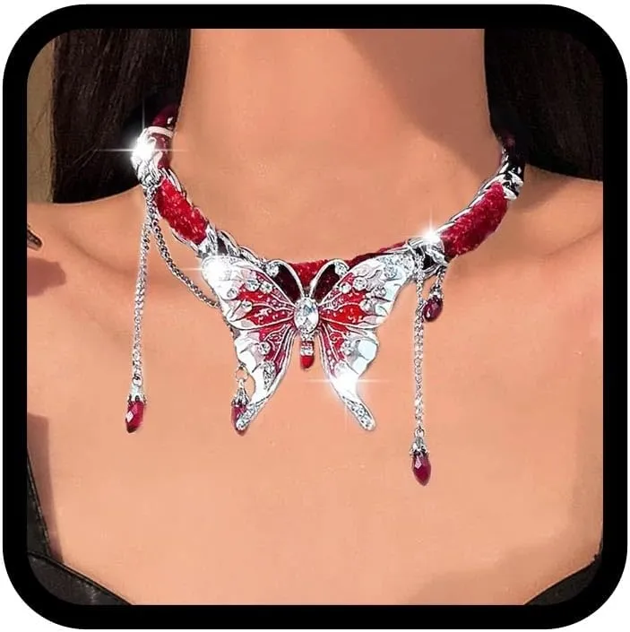 CLOACE Butterfly Choker Necklace Red Tassel Chokers Necklaces Crystal Jewelry Accessories for Women