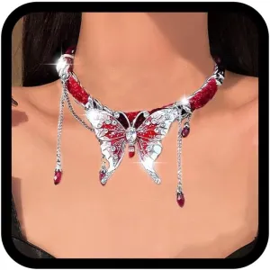 CLOACE Butterfly Choker Necklace Red Tassel Chokers Necklaces Crystal Jewelry Accessories for Women