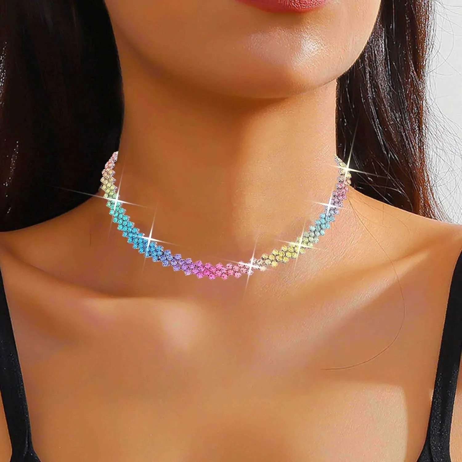 CLOACE Rhinestone Choker Necklace Diamond Row Necklaces Sparkly Crystal Necklace Chain Jewerly Prom Accessories for Women