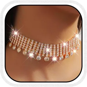 CLOACE Rhinestone Choker Necklace Gold Tassel Diamond Row Necklaces Sparkly Crystal Neck Chain Jewelry Prom Accessories for Women
