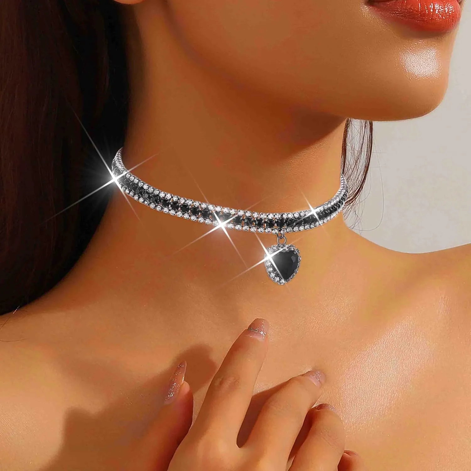 CLOACE Rhinestone Choker Necklace Heart Pendant Diamond Row Necklaces Sparkly Crystal Prom Chain Jewerly Accessories for Women