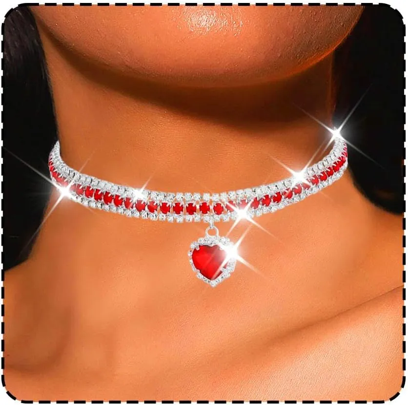 CLOACE Rhinestone Choker Necklace Heart Pendant Diamond Row Necklaces Sparkly Crystal Prom Chain Jewerly Accessories for Women