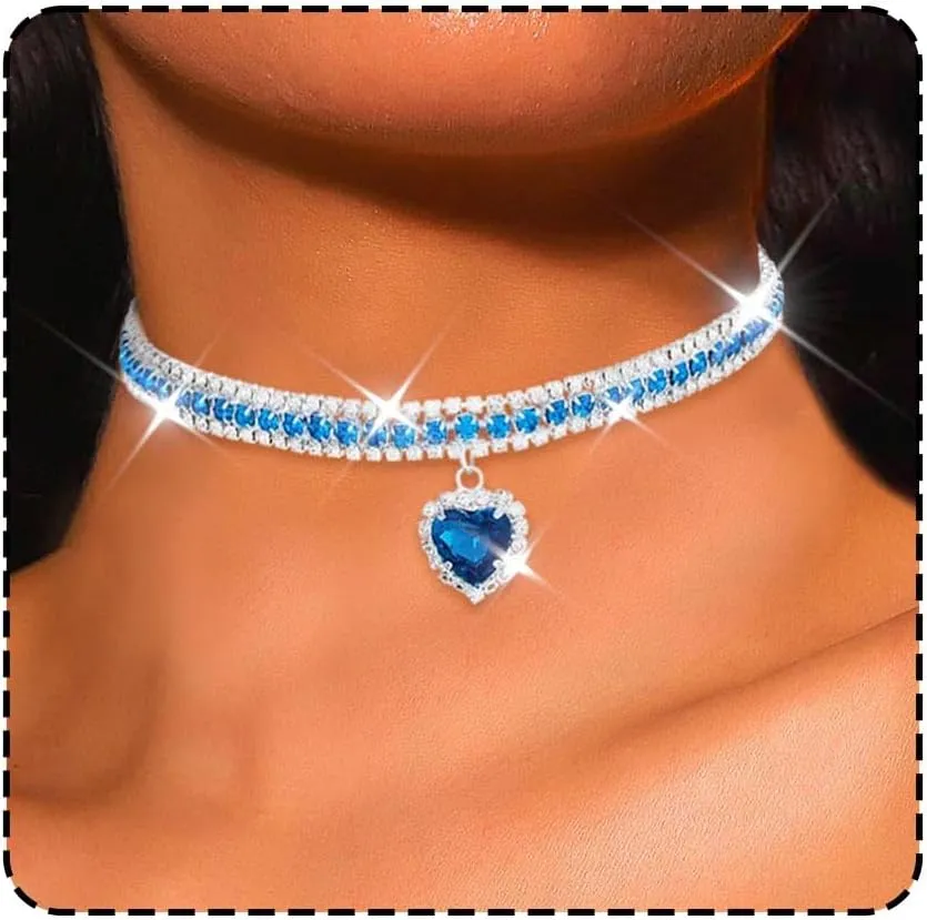 CLOACE Rhinestone Choker Necklace Heart Pendant Diamond Row Necklaces Sparkly Crystal Prom Chain Jewerly Accessories for Women
