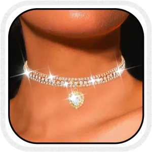 CLOACE Rhinestone Choker Necklace Heart Pendant Diamond Row Necklaces Sparkly Crystal Prom Chain Jewerly Accessories for Women
