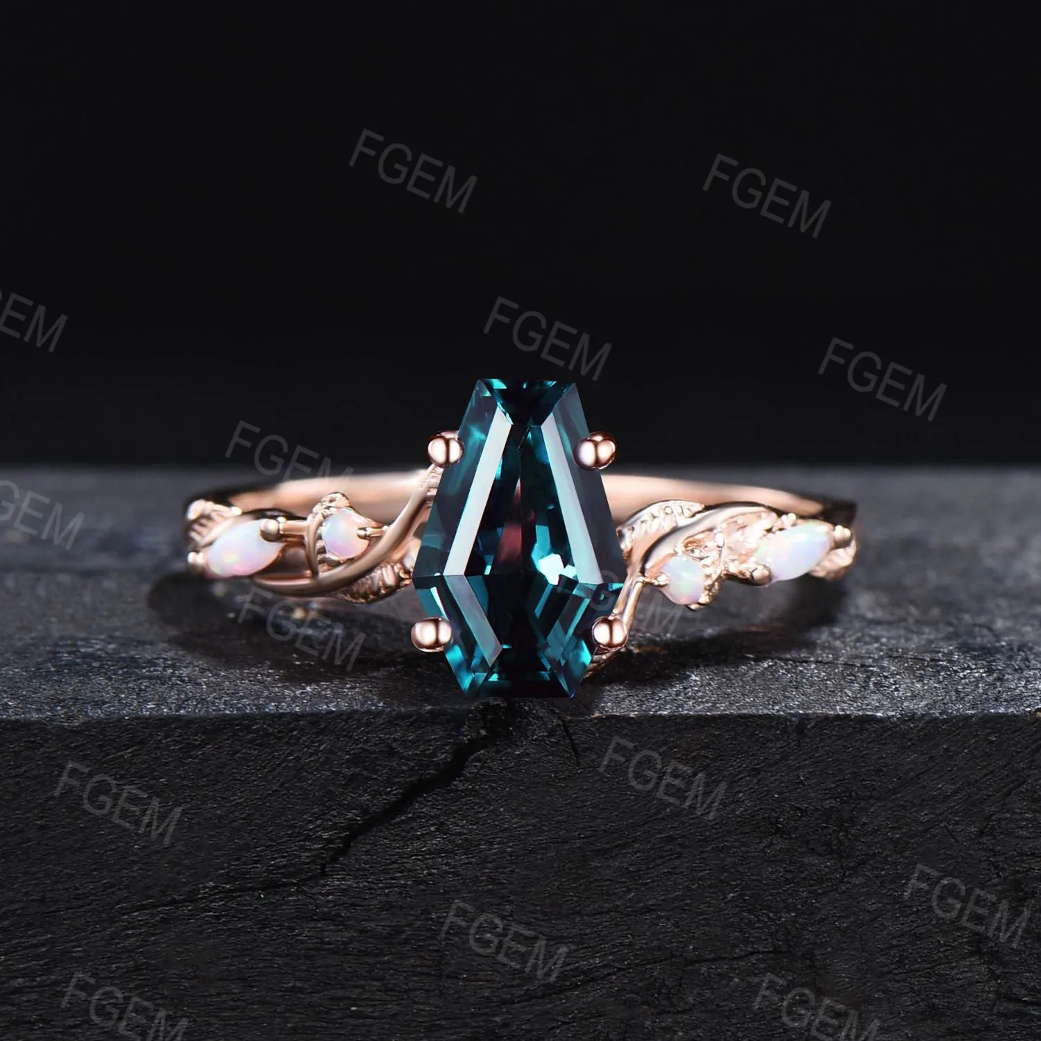Coffin Cut Alexandrite Engagement Ring Branch Leaf White Opal Alexandrite Wedding Ring June Birthstone Jewelry Wedding Gift