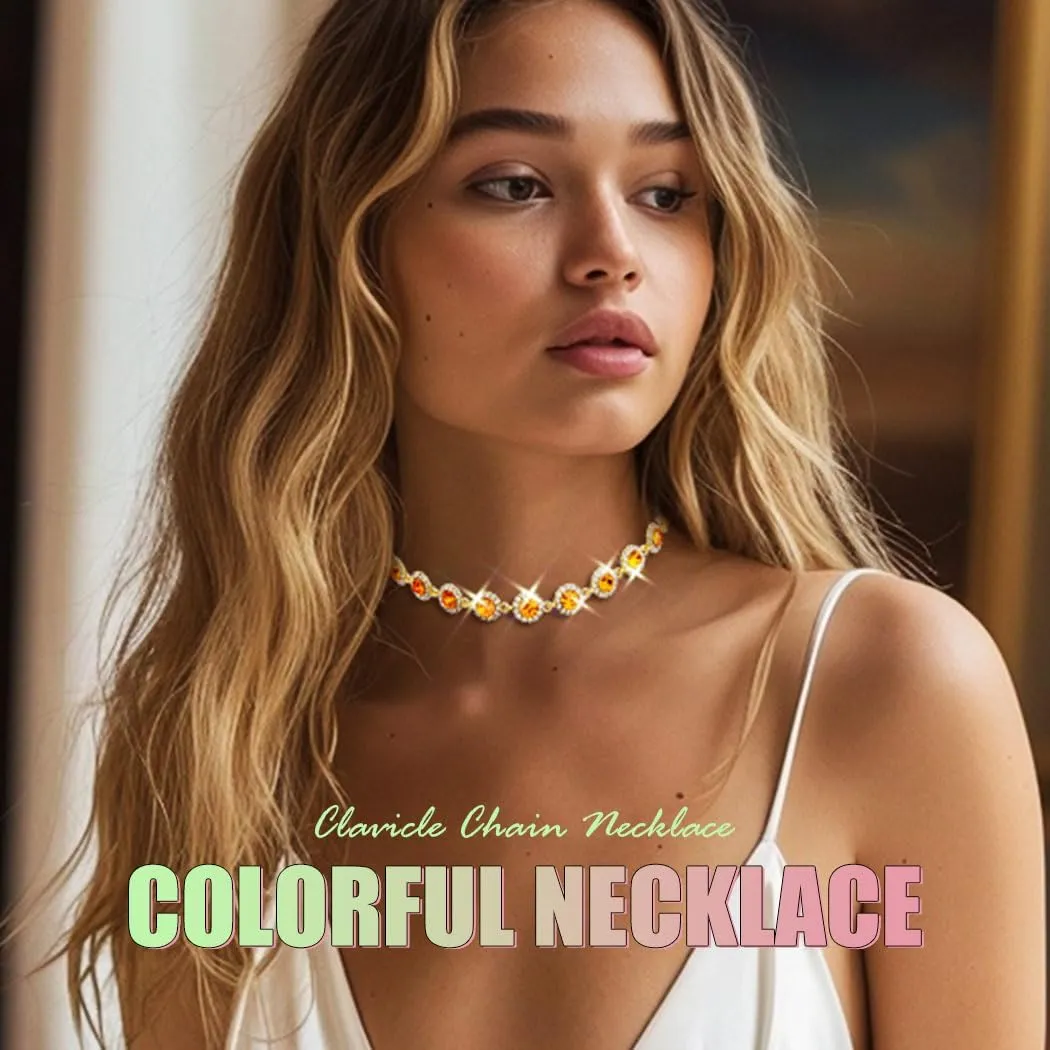 Colorful Crystal Choker Necklace Sparkly Rhinestone Chokers Necklaces Gold Chain Party Prom Neck Jewelry for Women