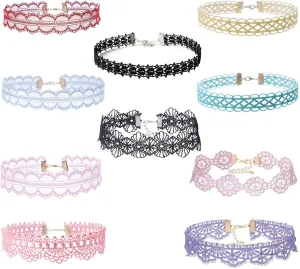 Colorful Lace Choker Collar Set of 10 - Vintage-Inspired Adjustable Necklaces - Diverse Patterns for Every Occasion