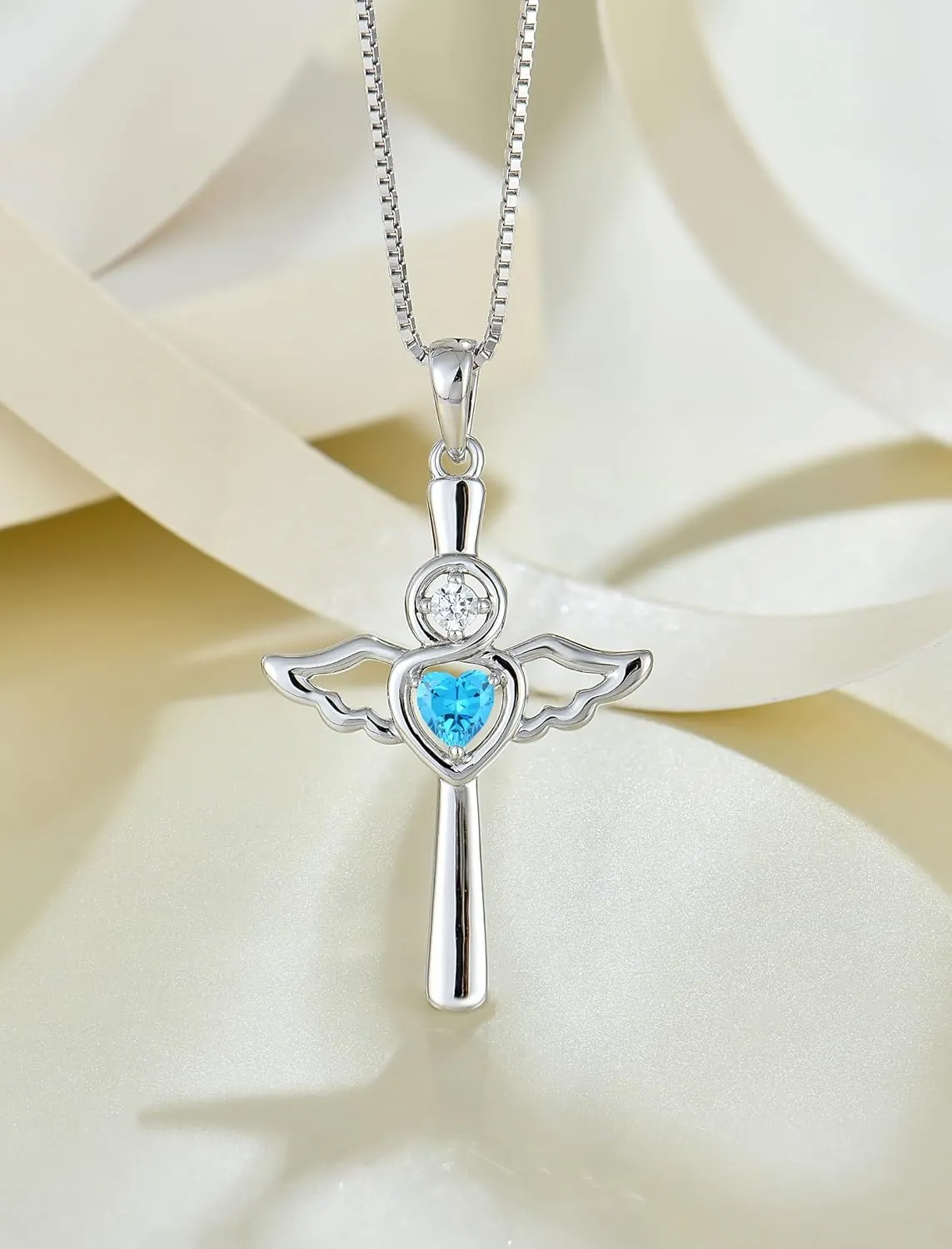 Cross Necklaces for Women, 925 Sterling Silver Angel Wing Heart Birthstone Pendants Christian Crucifix Baptism Jewelry