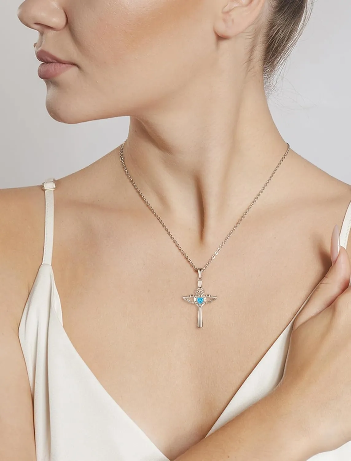 Cross Necklaces for Women, 925 Sterling Silver Angel Wing Heart Birthstone Pendants Christian Crucifix Baptism Jewelry