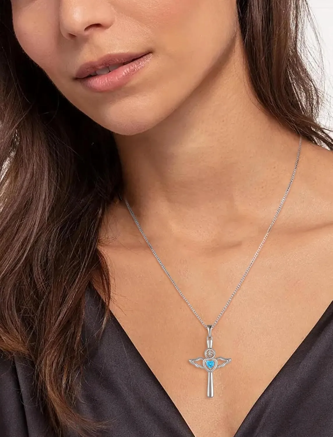 Cross Necklaces for Women, 925 Sterling Silver Angel Wing Heart Birthstone Pendants Christian Crucifix Baptism Jewelry