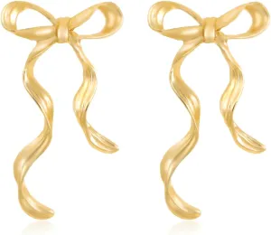 Cute Gold Bow Drop Elegant Statement Earrings - Bow Tassel, Minimalist Ribbon Design For Women's Prom, Birthday Party Jewelry