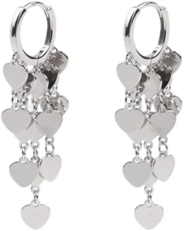 Dainty Heart Charm Long Tassel Small Hoop Earrings for Women Silver Plated Love Hearts Cluster Dangle Drop Earring Elegant Luxury Huggie Hoops Hypoallergenic Fashion Trendy Valentine's Day Jewelry Gift