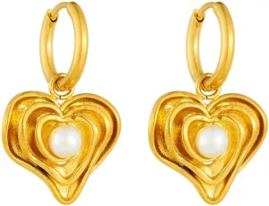 Dainty Pearl Heart Dangle Hoops Earrings Layers Love Hearts Pearls Stainless Steel Dangling Huggie Hoop Earrings for Women Fashion Ear Jewelry