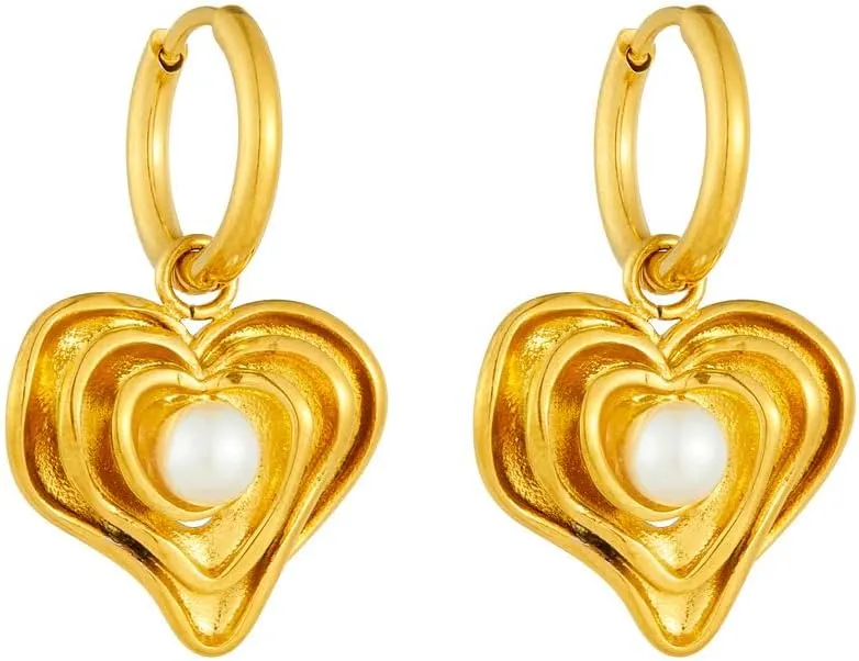 Dainty Pearl Heart Dangle Hoops Earrings Layers Love Hearts Pearls Stainless Steel Dangling Huggie Hoop Earrings for Women Fashion Ear Jewelry