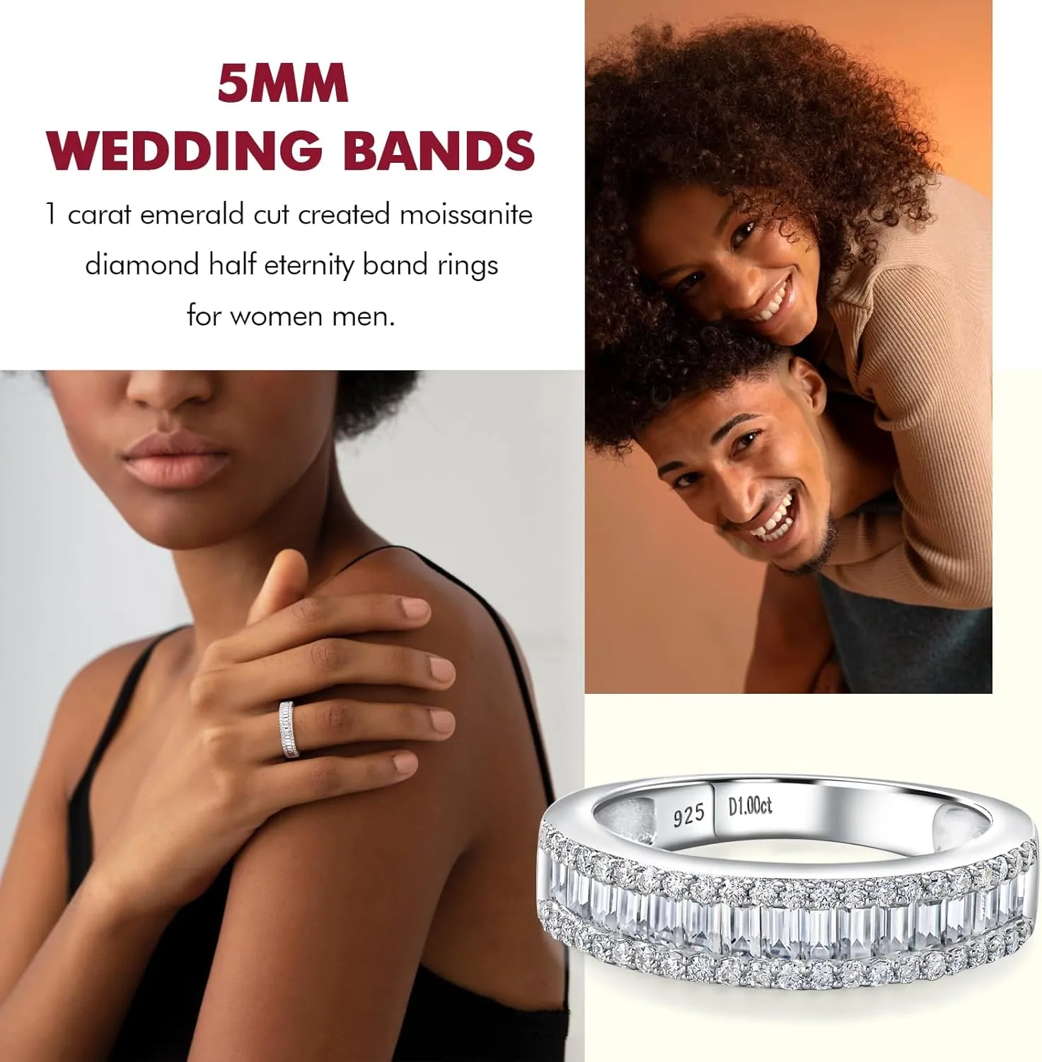 DAYBYDAY Emerald Cut Channel Set Moissanite Wedding Band 925 Sterling Silver 1 Carat Baguette Moissanite Eternity Band Rings for Women Men