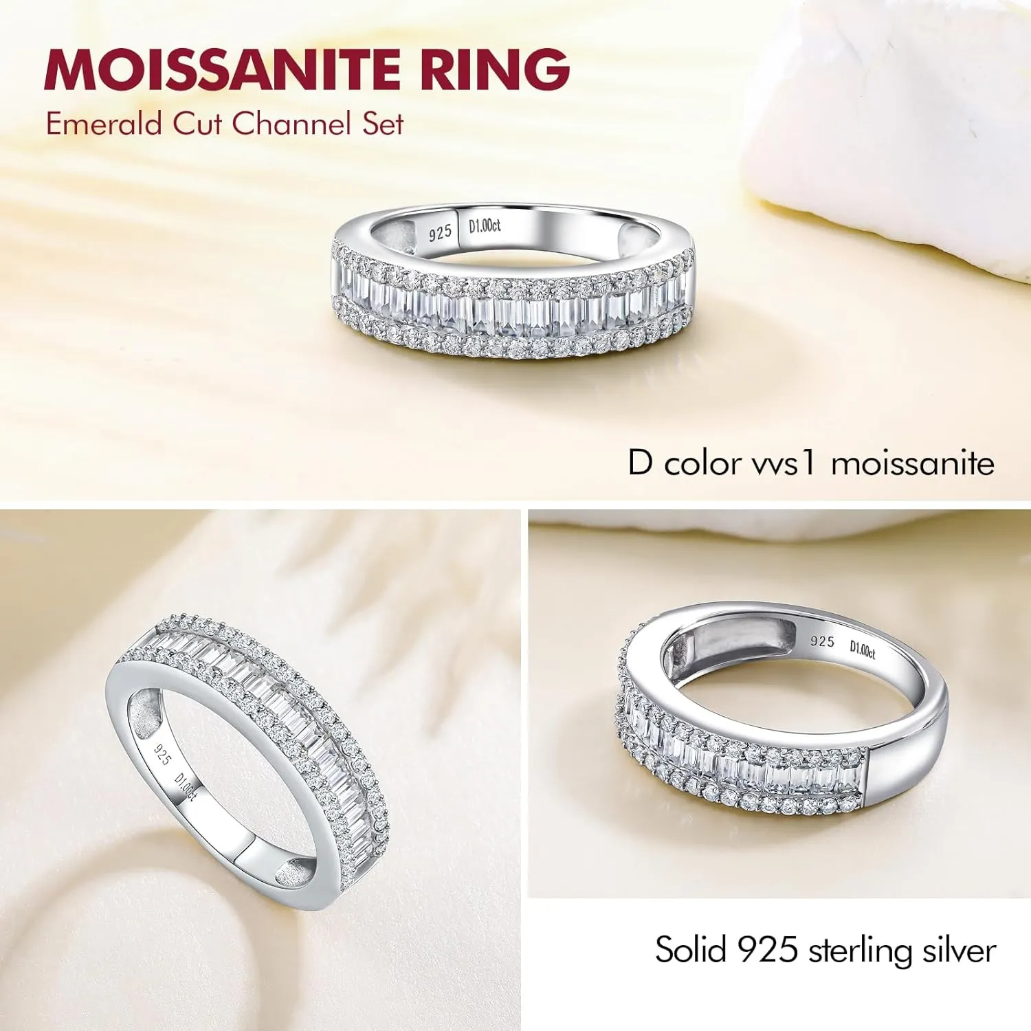 DAYBYDAY Emerald Cut Channel Set Moissanite Wedding Band 925 Sterling Silver 1 Carat Baguette Moissanite Eternity Band Rings for Women Men