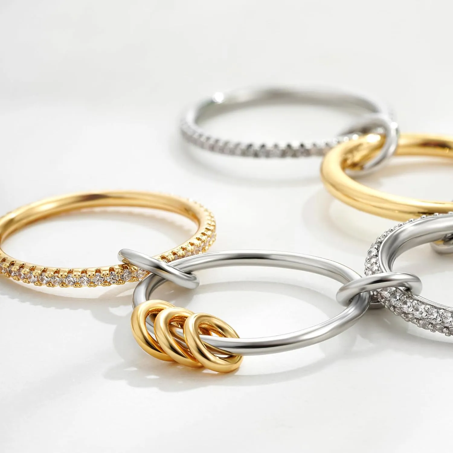 Dechooly Gold Stackable Rings for Women, 18K Gold Plated Cubic Zirconia Rings Spinelli Silver Gold Multi Ring Mixed Metals Stackable Ring Set for Women Non Tarnish
