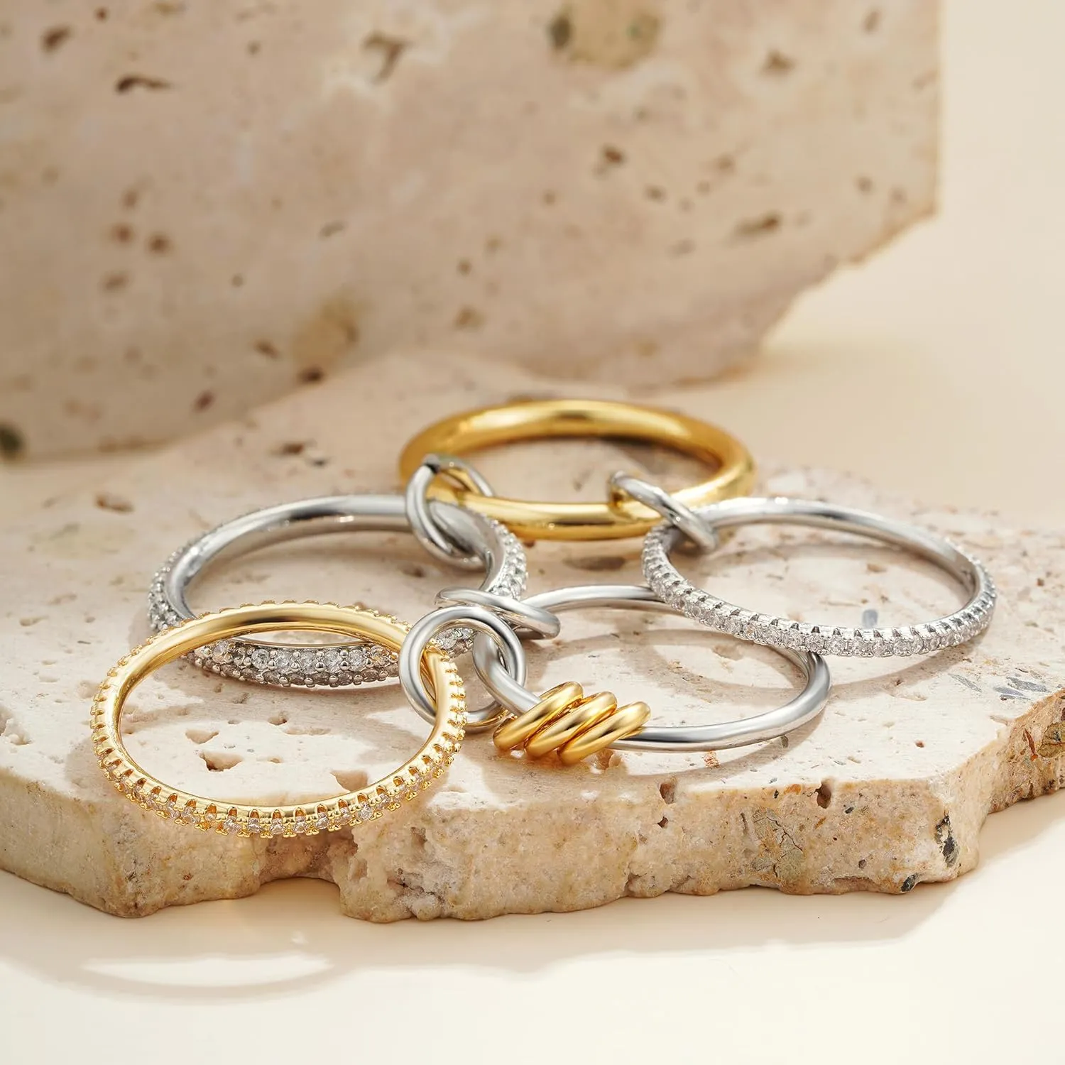 Dechooly Gold Stackable Rings for Women, 18K Gold Plated Cubic Zirconia Rings Spinelli Silver Gold Multi Ring Mixed Metals Stackable Ring Set for Women Non Tarnish