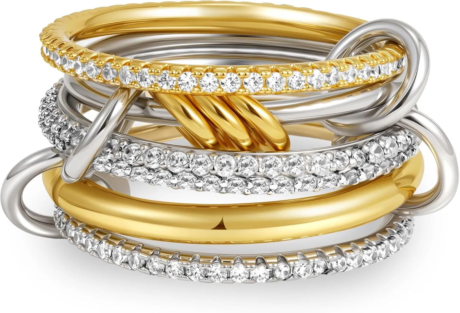 Dechooly Gold Stackable Rings for Women, 18K Gold Plated Cubic Zirconia Rings Spinelli Silver Gold Multi Ring Mixed Metals Stackable Ring Set for Women Non Tarnish