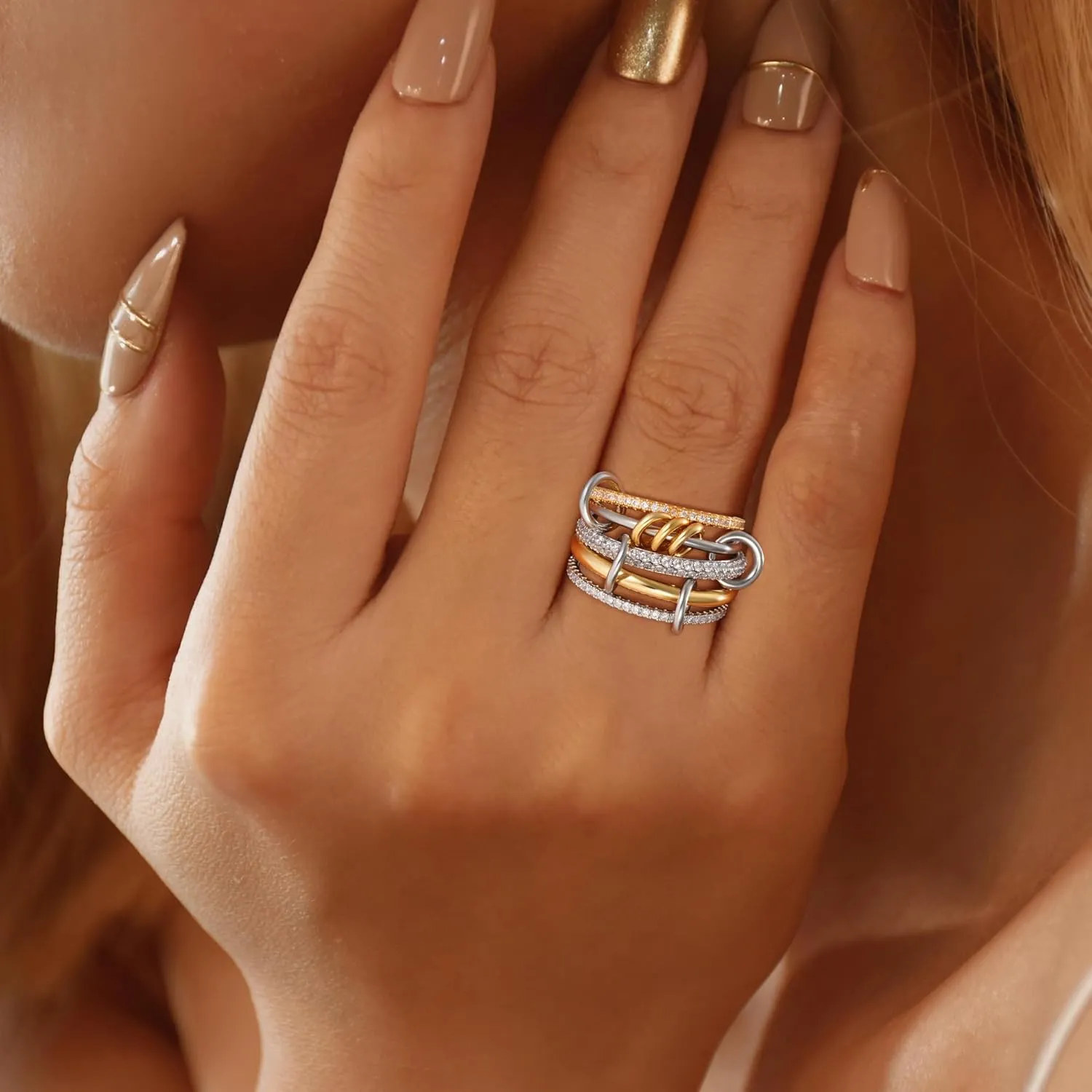 Dechooly Gold Stackable Rings for Women, 18K Gold Plated Cubic Zirconia Rings Spinelli Silver Gold Multi Ring Mixed Metals Stackable Ring Set for Women Non Tarnish