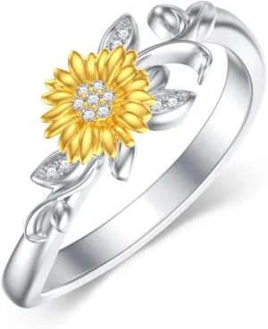 Diamond Sunflower Ring for Women 925 Sterling Silver Sunflower Band Ring with Lab Grown Diamond Jewelry Gifts
