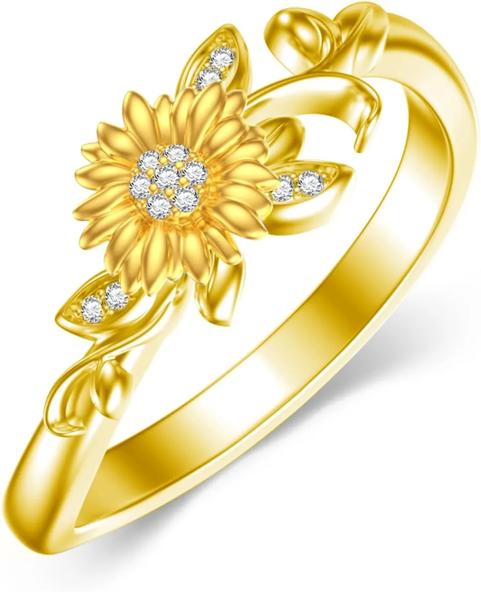 Diamond Sunflower Ring for Women 925 Sterling Silver Sunflower Band Ring with Lab Grown Diamond Jewelry Gifts