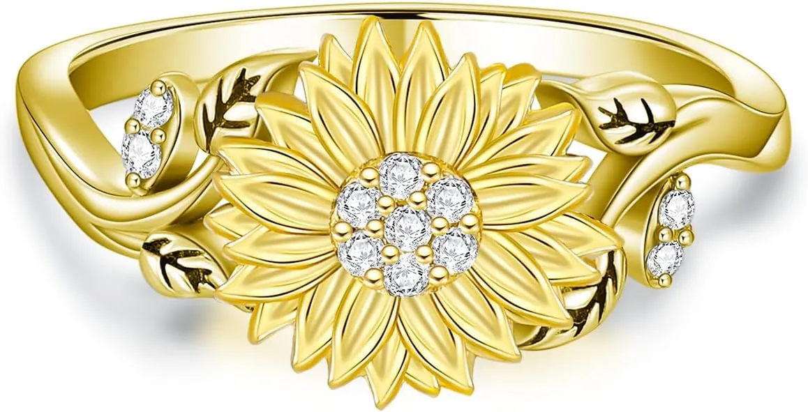 Diamond Sunflower Ring for Women 925 Sterling Silver Sunflower Band Rings with Lab Grown Diamond Jewelry Gifts