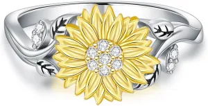 Diamond Sunflower Ring for Women 925 Sterling Silver Sunflower Band Rings with Lab Grown Diamond Jewelry Gifts
